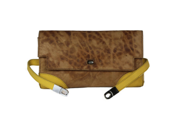 Turn Lock Tan Yellow Leather Clutch B25 front open (leathermanfashion)