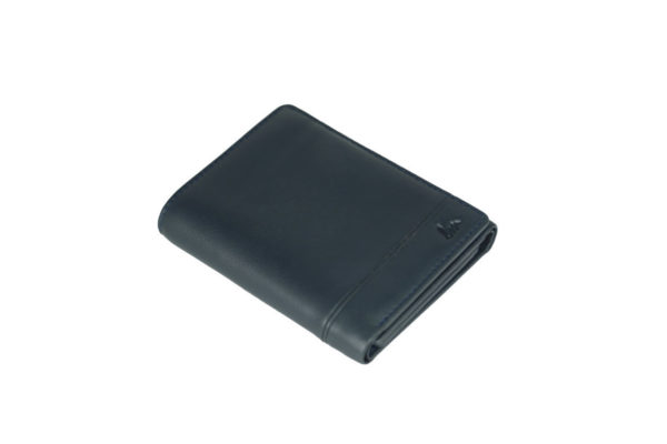 Trifold navy leather wallet NR-1005 laydown (leathermanfashion)